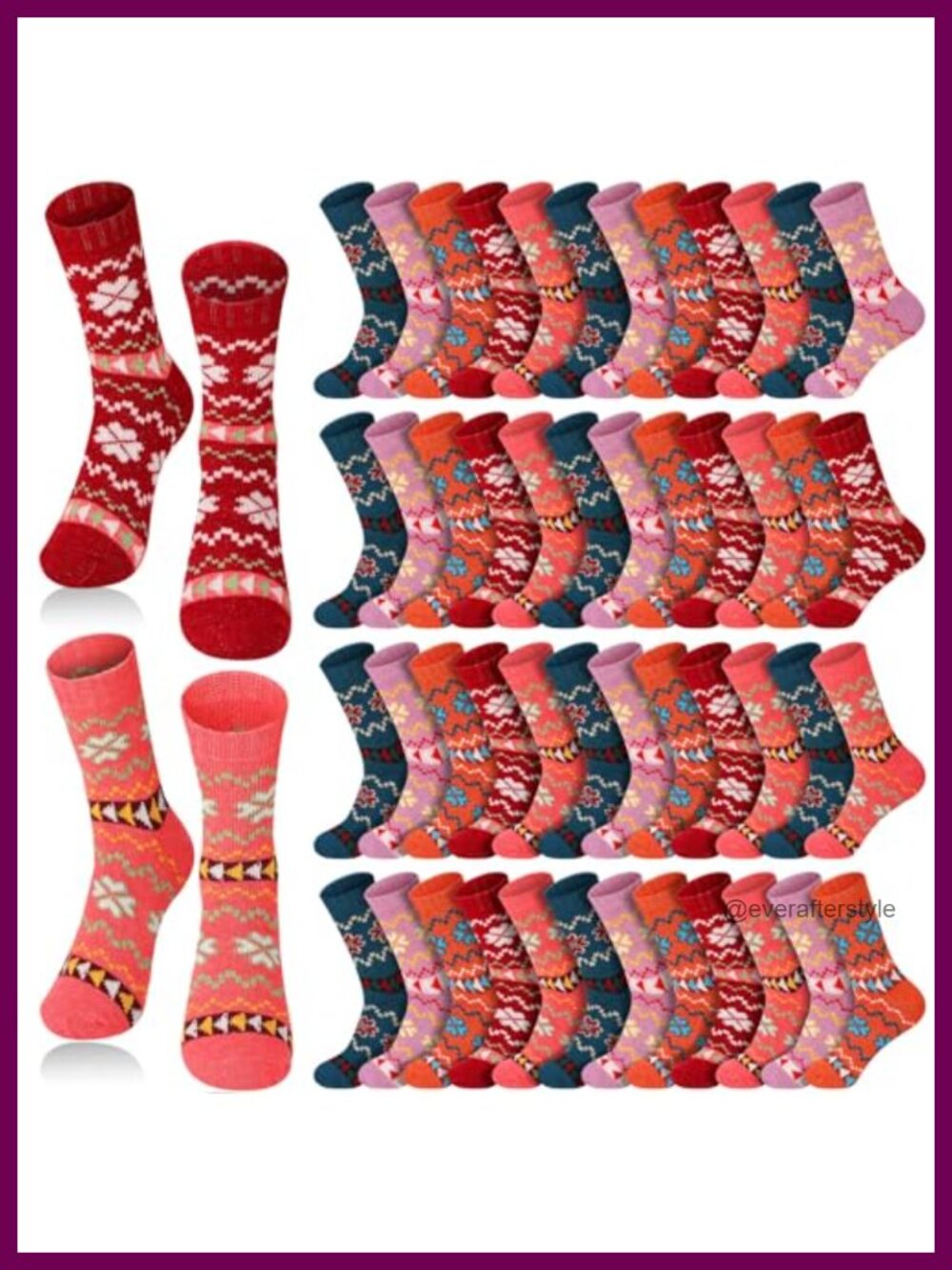 Wool Blend Thermal Calf Socks Vintage Pattern Slouch Crew Warm Hiking 50 Pairs